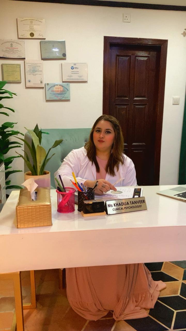 Ms. Khadija Tanveer, clinical psychologist and counselor at The Peace of Mind Clinic in Bahria Town Phase 7, Rawalpindi